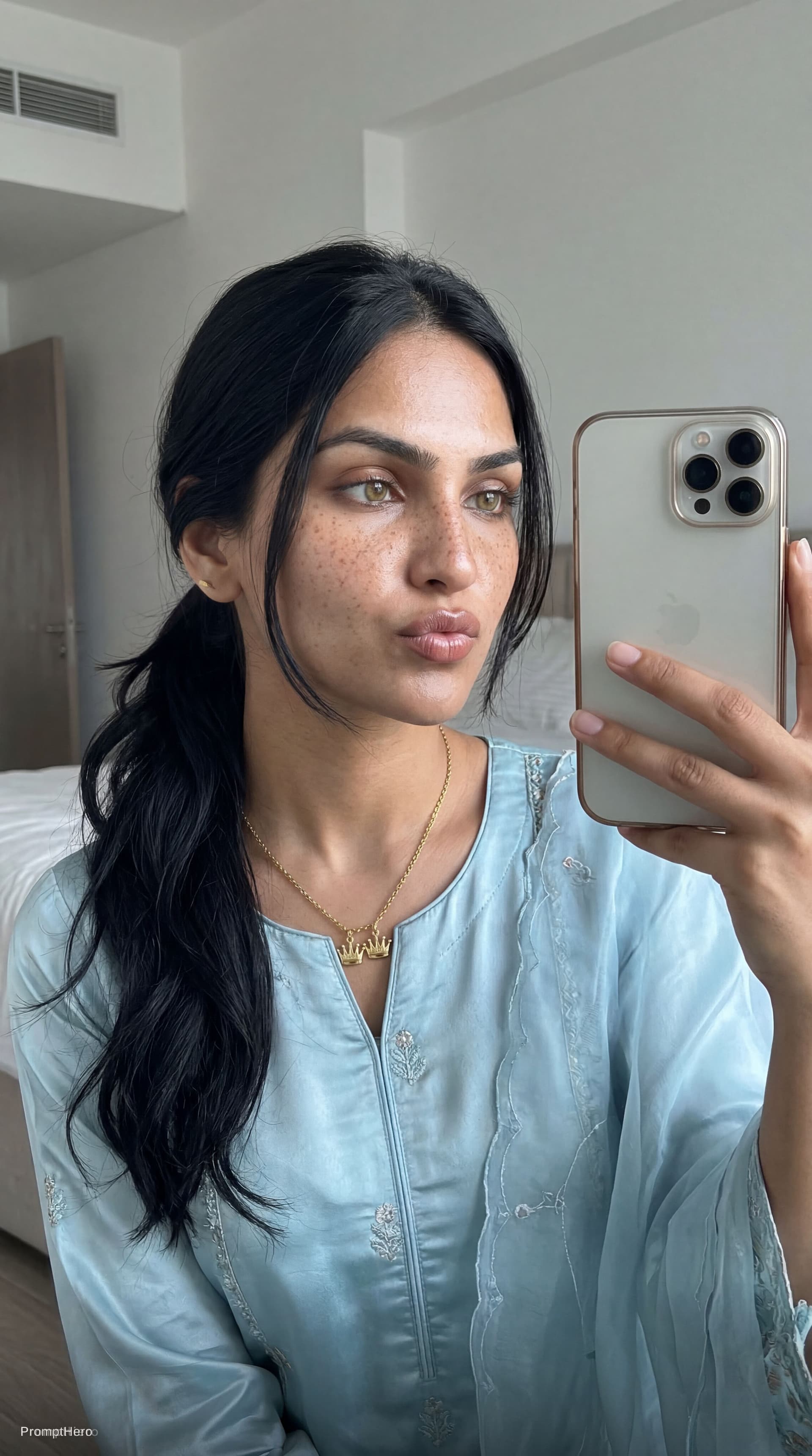 AI generated: Generate a 45° degree angle close face mirror selfie (keep 100% exact original face from the uploade...
