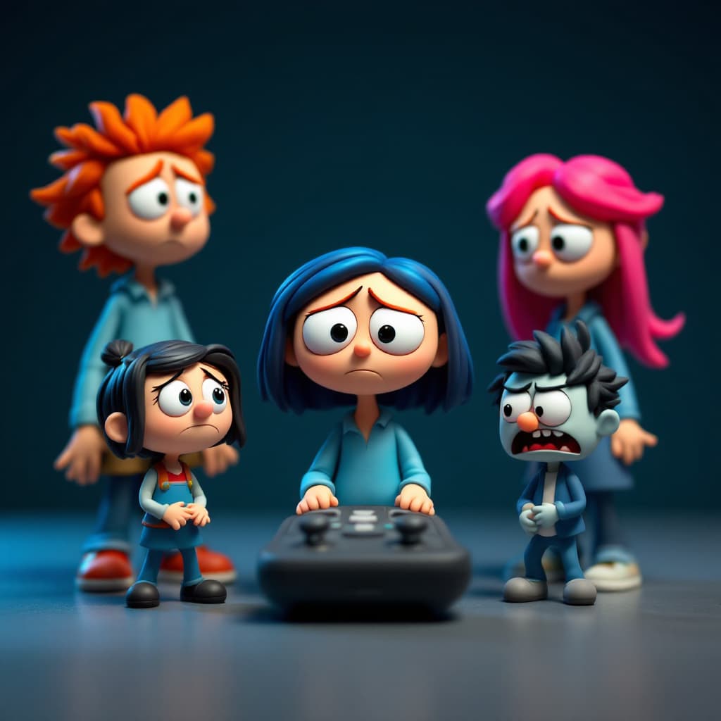 AI generated: Plasticine figures of the cartoon characters Puzzle 2: Joy, Anger, Sadness, Anxiety and Shame. Stand...