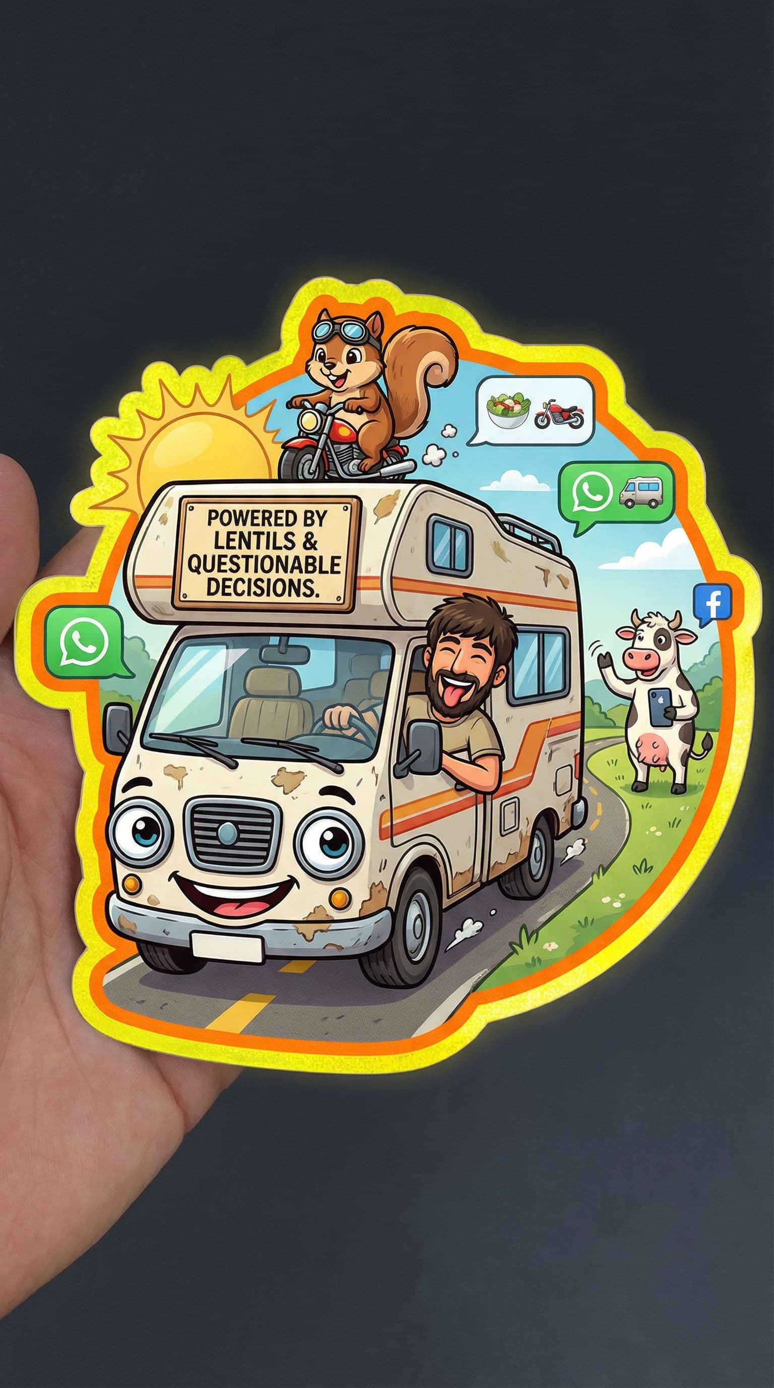 AI generated: A humorous, cartoon-style sticker design for a reflective vest. The scene shows a cheerful, slightly...