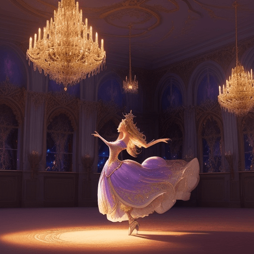 AI generated: Fairytale illustration, a princess dancing in a magical ballroom, Romance book, Fantasy Art,set agai...