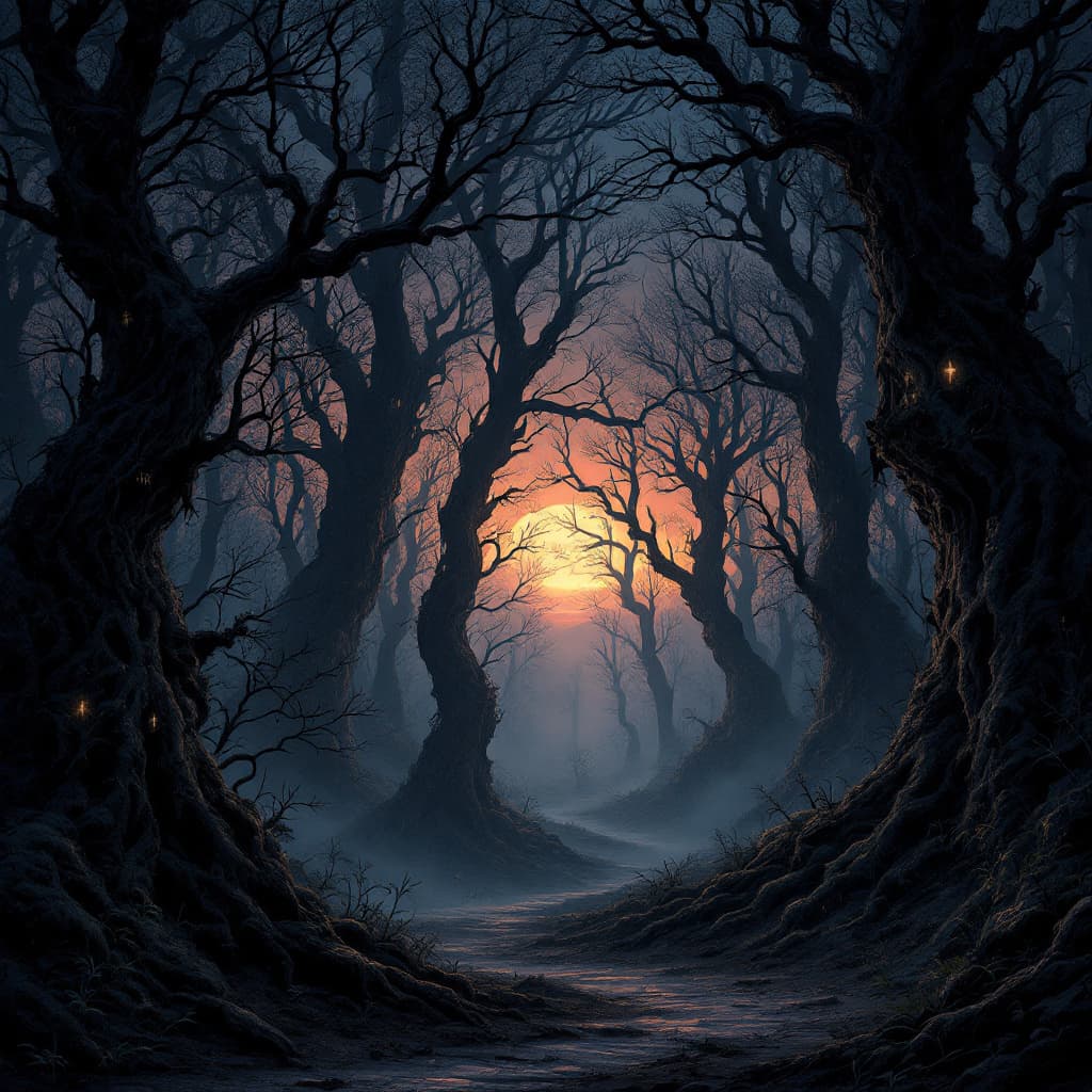 AI generated: A mysterious ancient forest bathed in twilight, towering trees with twisted branches reaching toward...