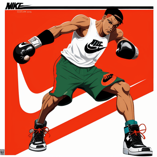 AI generated: full-body official art 2D cartoon-style image of a boxer sporting Nike Dunk SB sneakers, all while m...