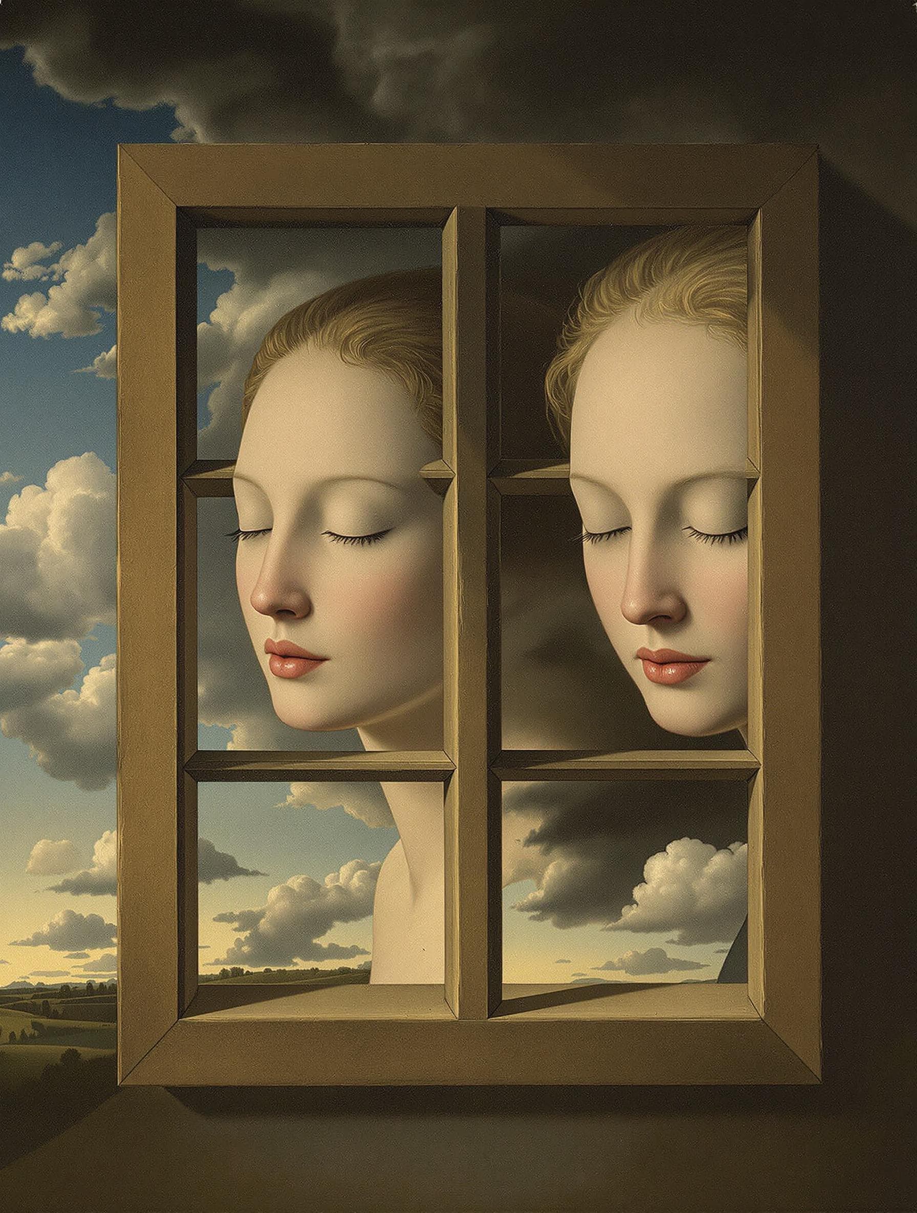 AI generated: a surrealist painting by Jan van Eyck of a window that has a different blank face in each of its fou...