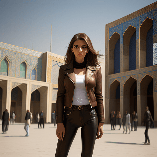 AI generated: Brown and white street photography of an attractive woman in leather jacket, standing ing middle of ...
