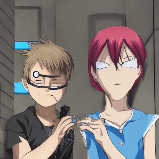 AI generated: Hyper realistic eye level exterior photo of two anime characters with superpowers versing each other