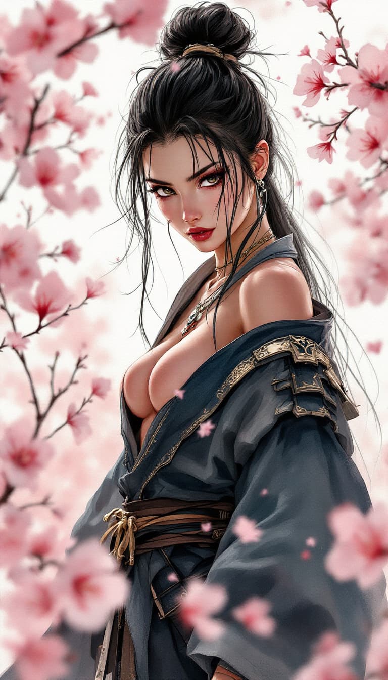AI generated: Disney-style digital illustration of a Rule 63, full-body female samurai, with esthetically displaye...