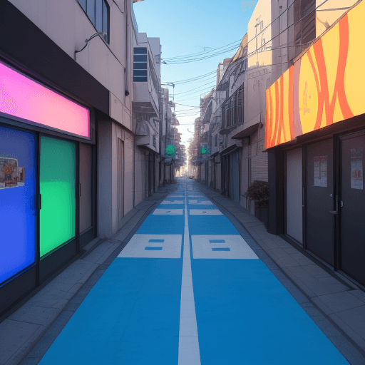 AI generated: a street that on both sides are some game center with RGB lights and blue sky 