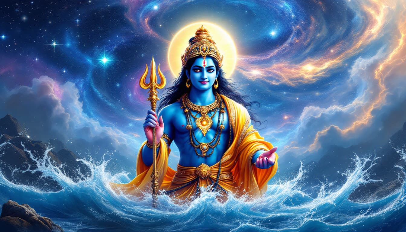 AI generated: "An ultra-realistic, widescreen (16:9) divine portrayal of Lord Vishnu, radiating celestial energy w...