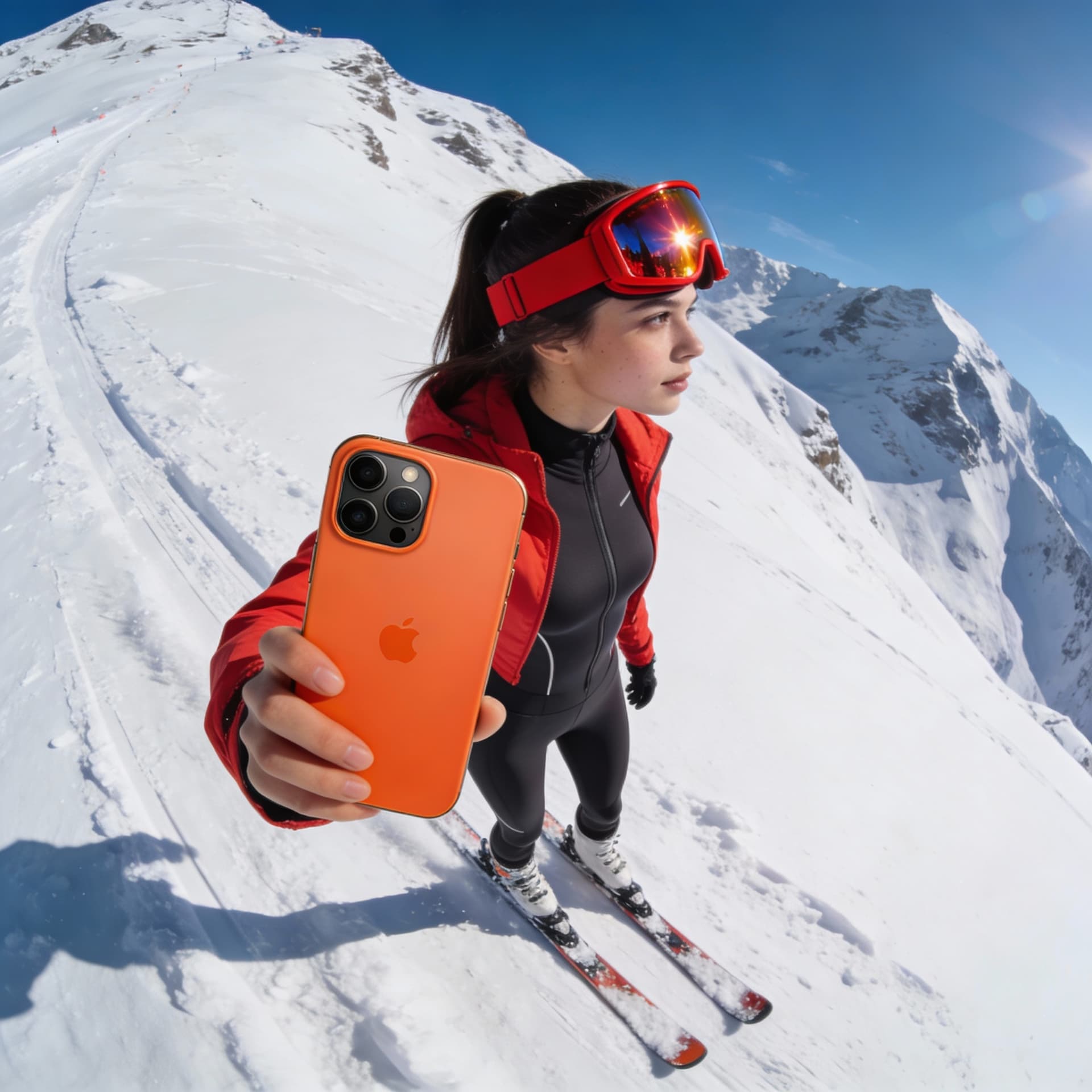 AI generated: skinny girl with red ski gogglesd and on the ski slope and snow with a fitted outfit and a red jacke...