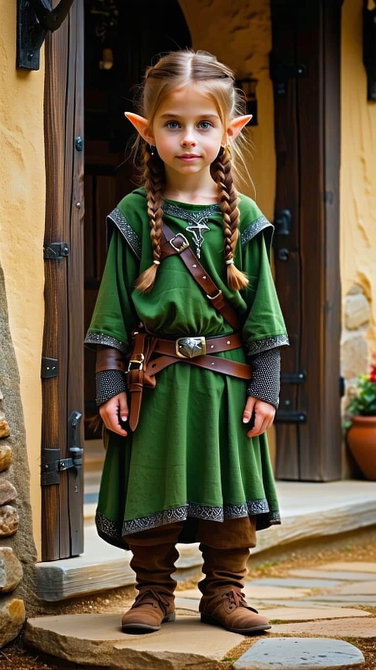 AI generated: A professional photo of a realistic of a female halfling tween, medieval, outside village home  (4k,...