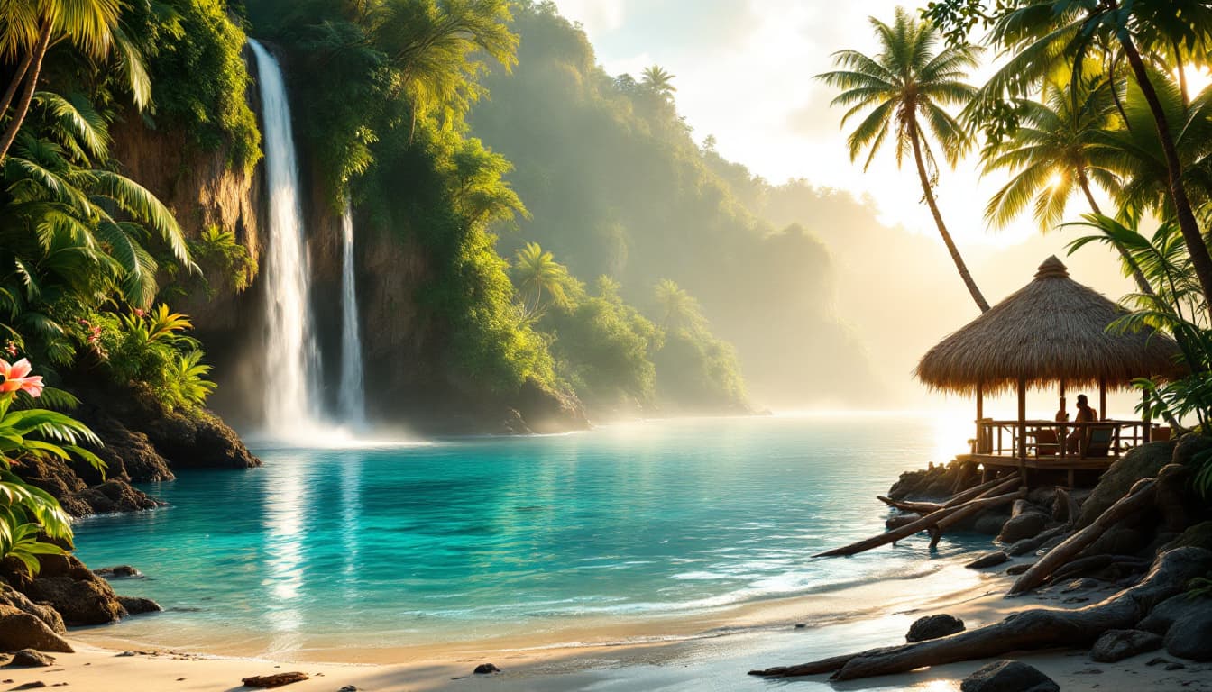 AI generated: depicting a stunning, idyllic paradise lagoon in the Asian South Pacific, reminiscent of the iconic ...