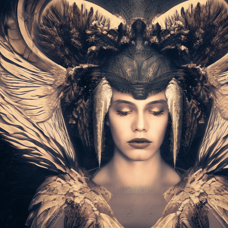 AI generated: An angel that looks a bit alien. Ornate halo headdress. Cinematic conceptual style 