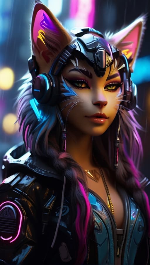 AI generated: digital artwork of anthromorphic cat female, fursona, furry fandom, neon rainy cyberpunk setting, an...