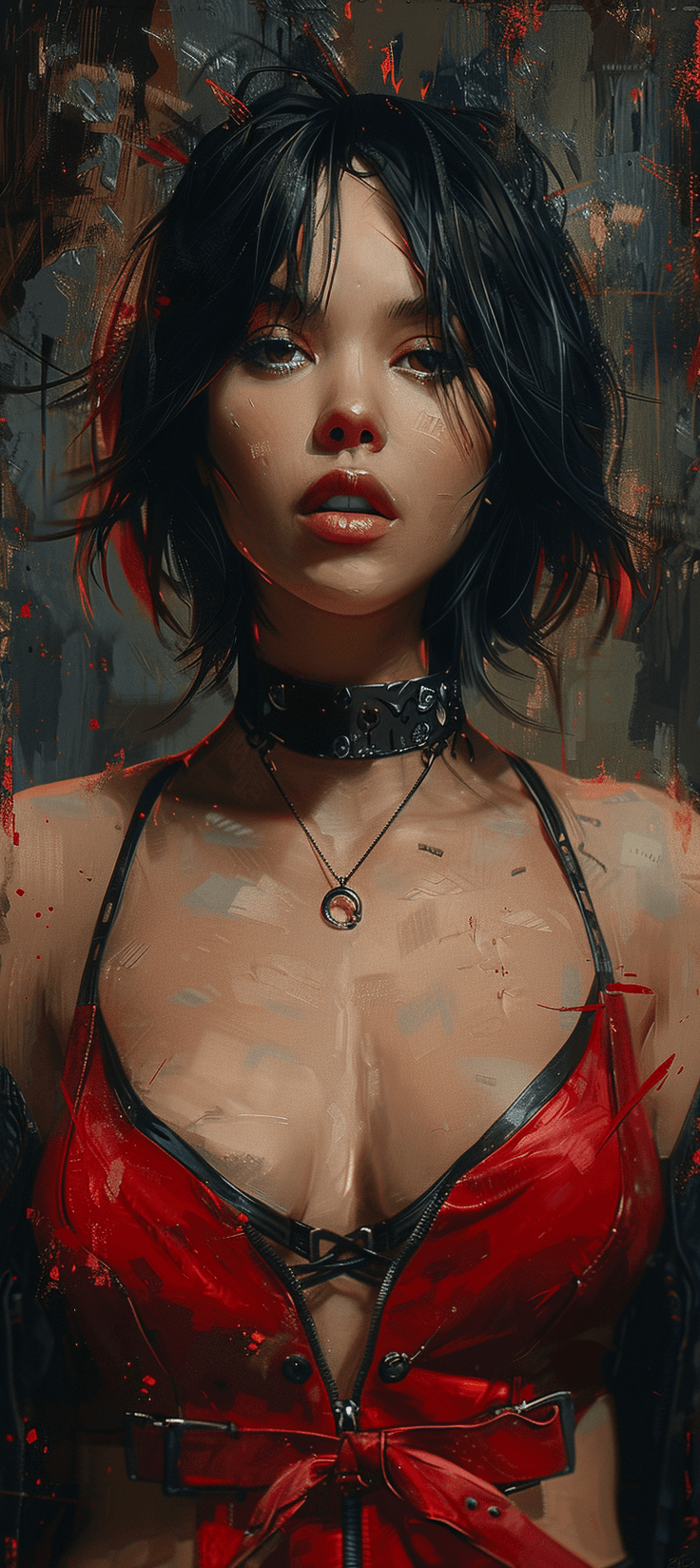 AI generated: A beautiful Asian woman with short black hair in the style of an anime character wearing a choker ne...