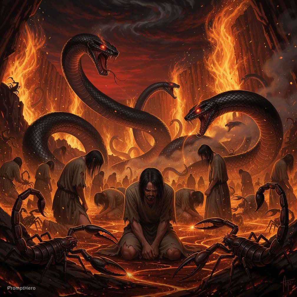 AI generated: I want an image that depicts the state of the disobedient in the afterlife, with their heads bowed, ...
