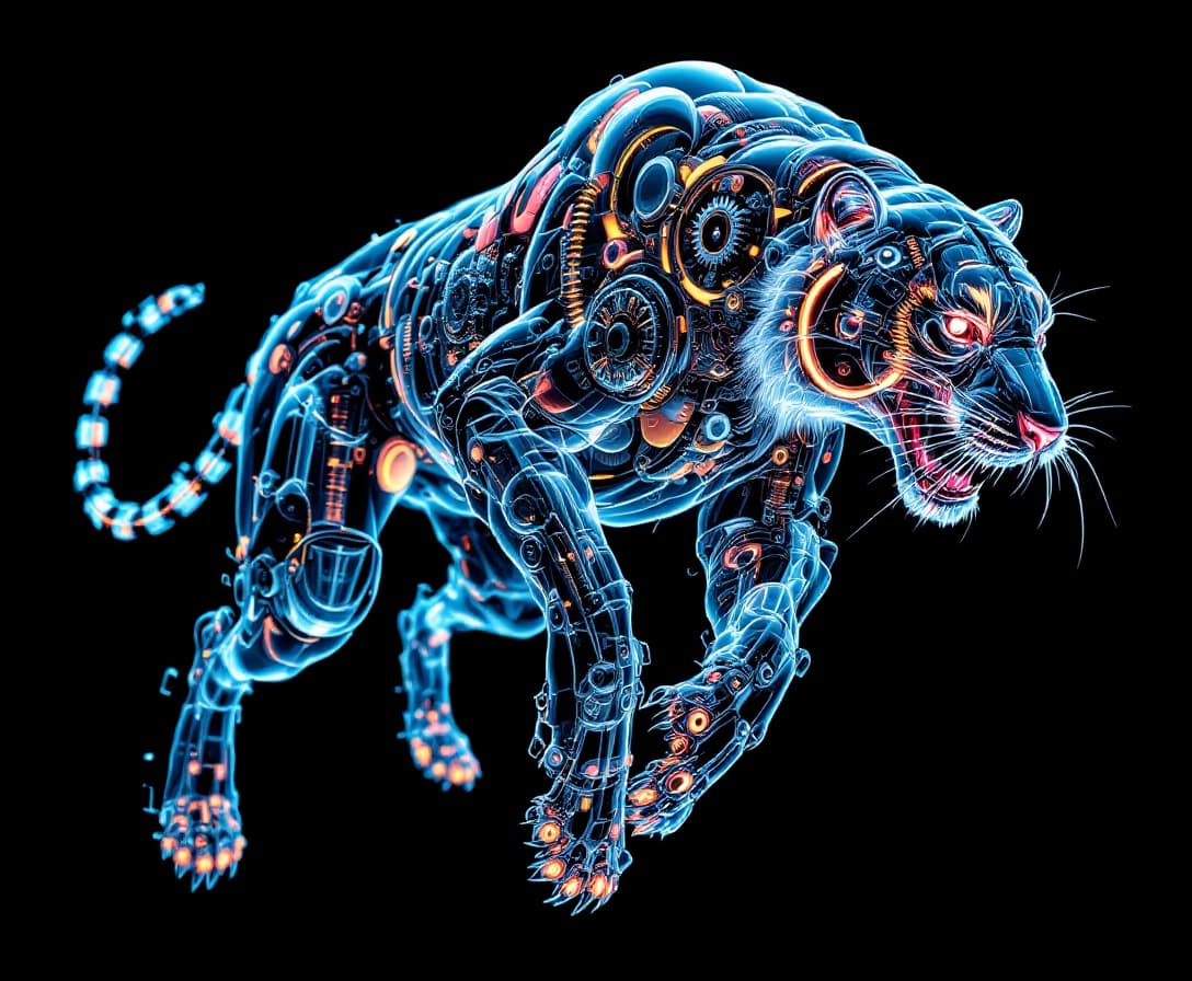 AI generated: Image is a digital artwork featuring a  "Steampunk Spectralis Hippie Tiger Mechina", leaping towards...