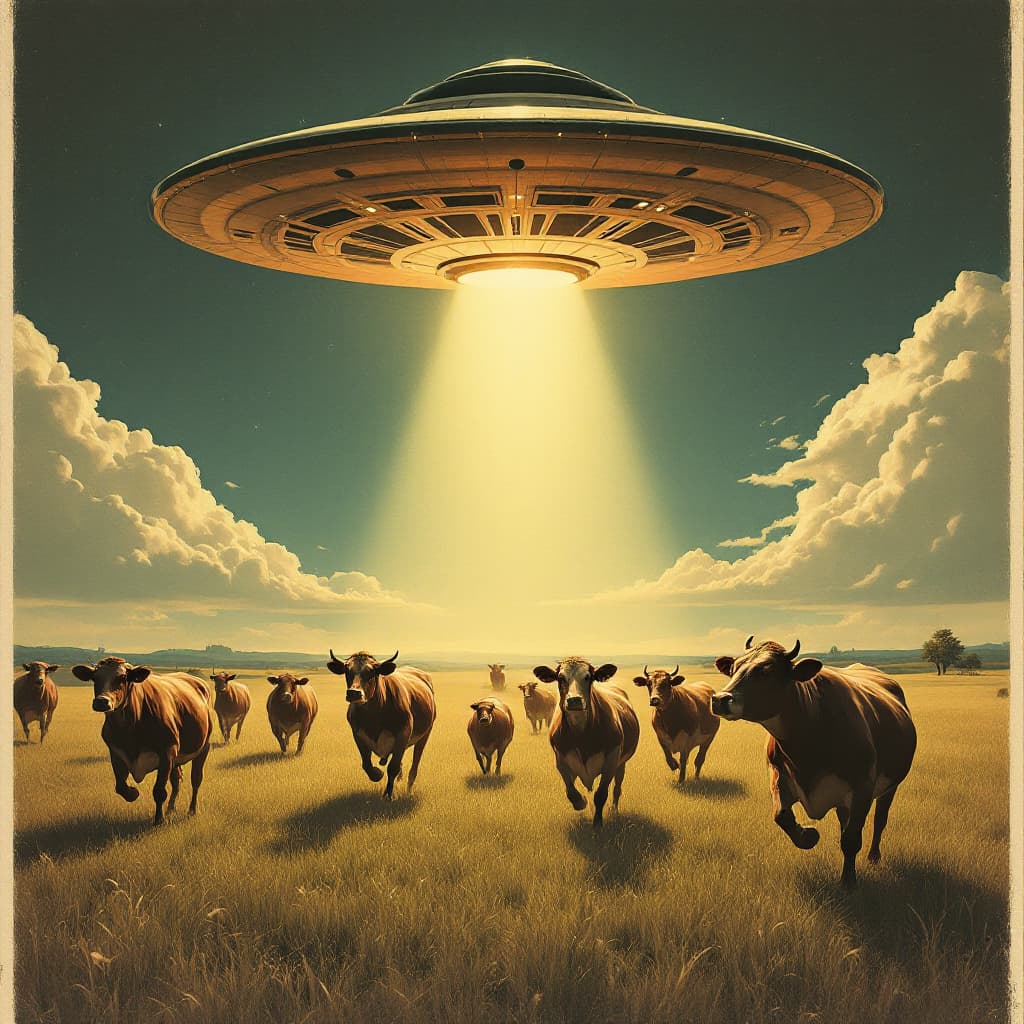 AI generated: A large flying saucer shines down light on  a cows running around in the field, in the style of vint...