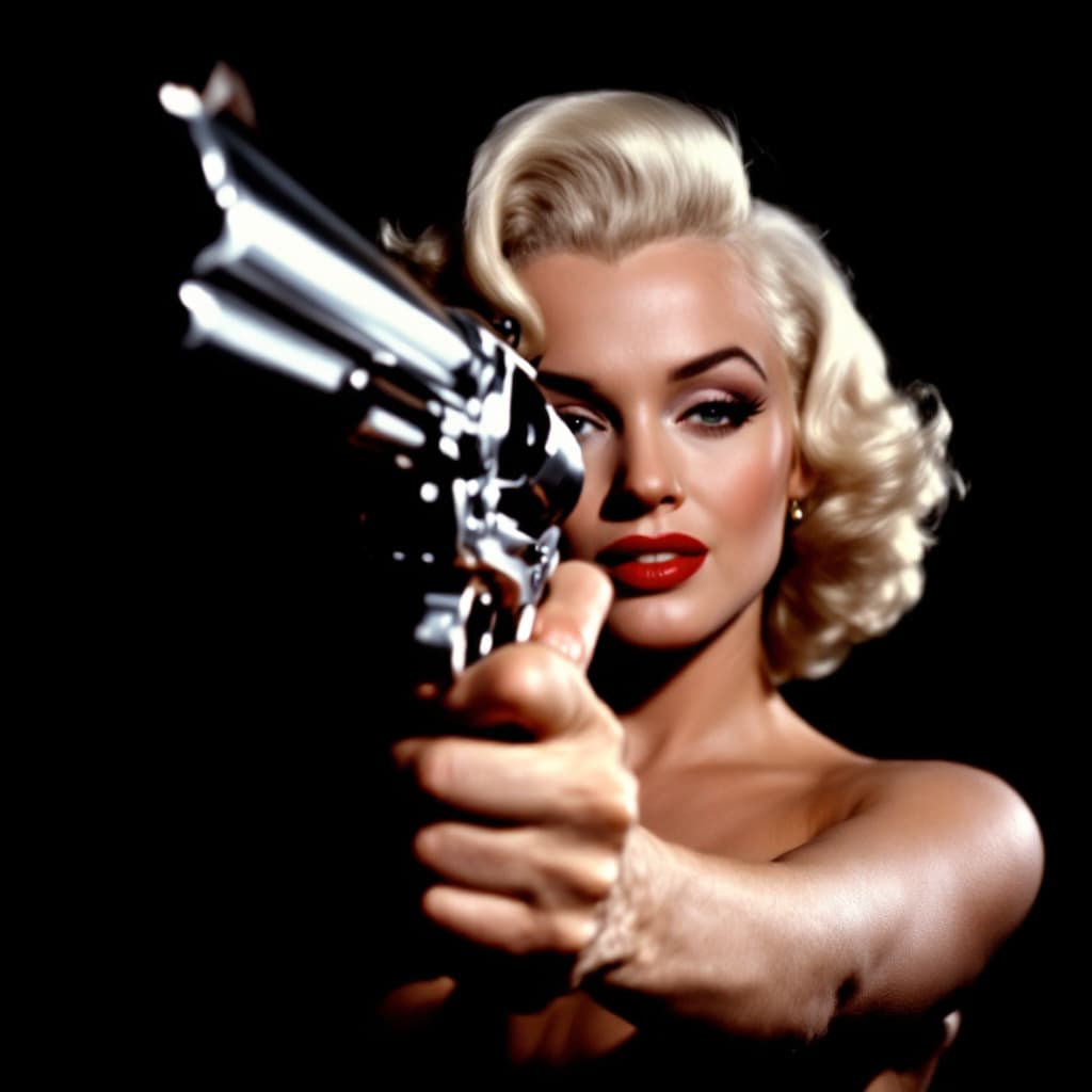 AI generated: Marylin Monroe holding a Silver  revolver, Thumbs up, Maximum  depth of Field.
