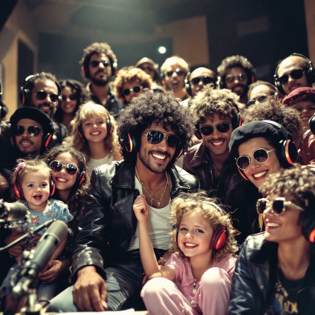 AI generated: A lively 1980s recording studio scene, showing a diverse group of musicians and artists, all wearing...