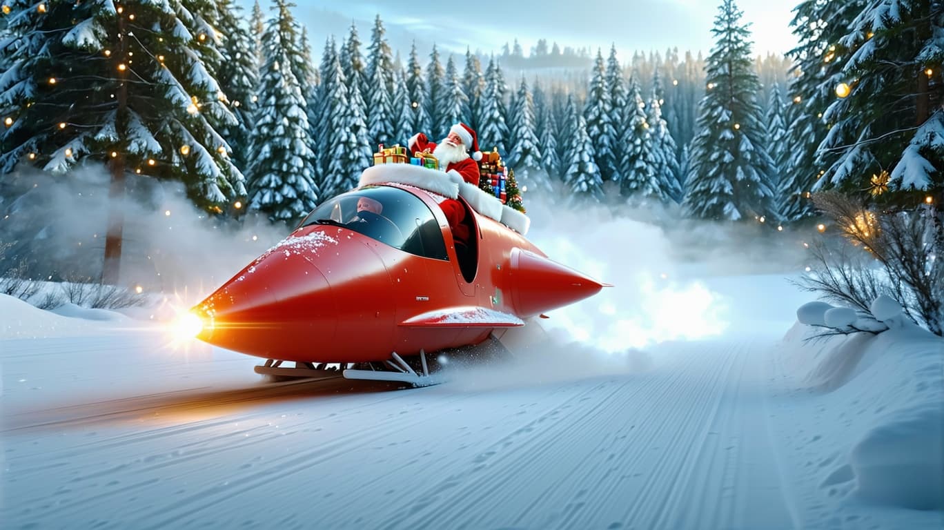 AI generated: Cinematic scene. Winter forest covered with snow. A painted red futuristic rocket powered sleigh tow...
