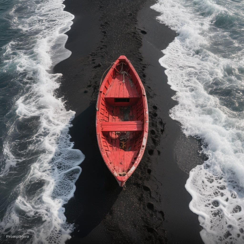 AI generated: small, red wooden boat rests on a dark, volcanic beach.  The boat is centered in the image, position...