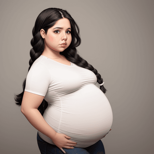AI generated: chubby pregnant Paola Núñez, pouty expression, ( long thick wavy black hair in French Braids), with ...