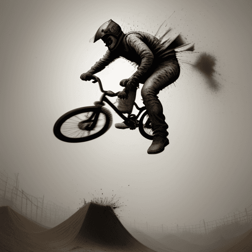 AI generated: artistic, strong rough painting art, BMX riding man with big air jump, strong and rough brushed, flu...