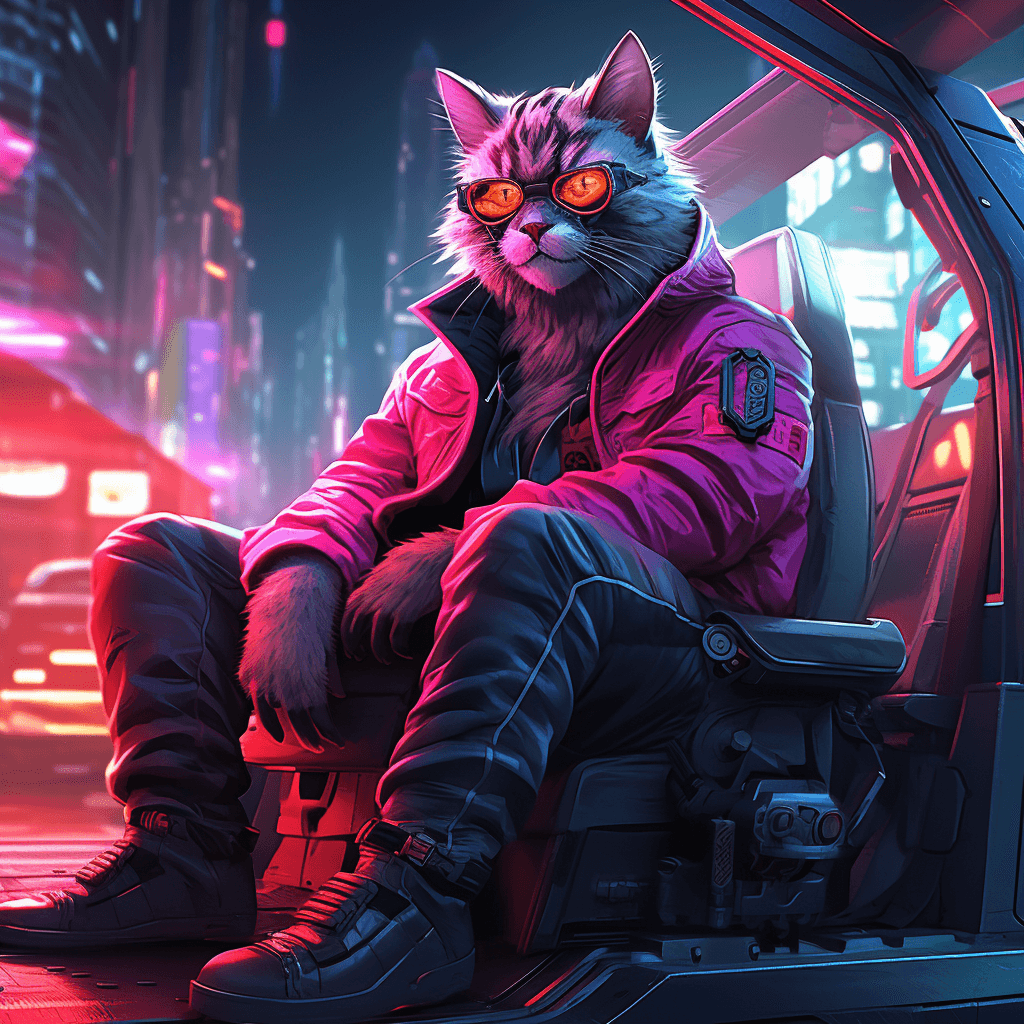 AI generated: cyberpunk cat in the Neon City sits on the cyberpunk car
