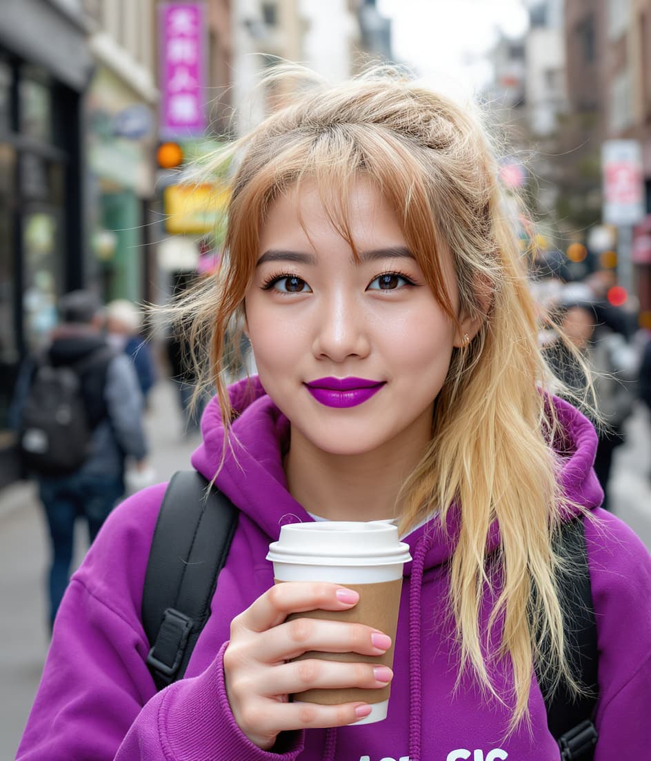 AI generated:   close up portrait black messy, tousled hair bleached blonde with long black roots showing hair pul...