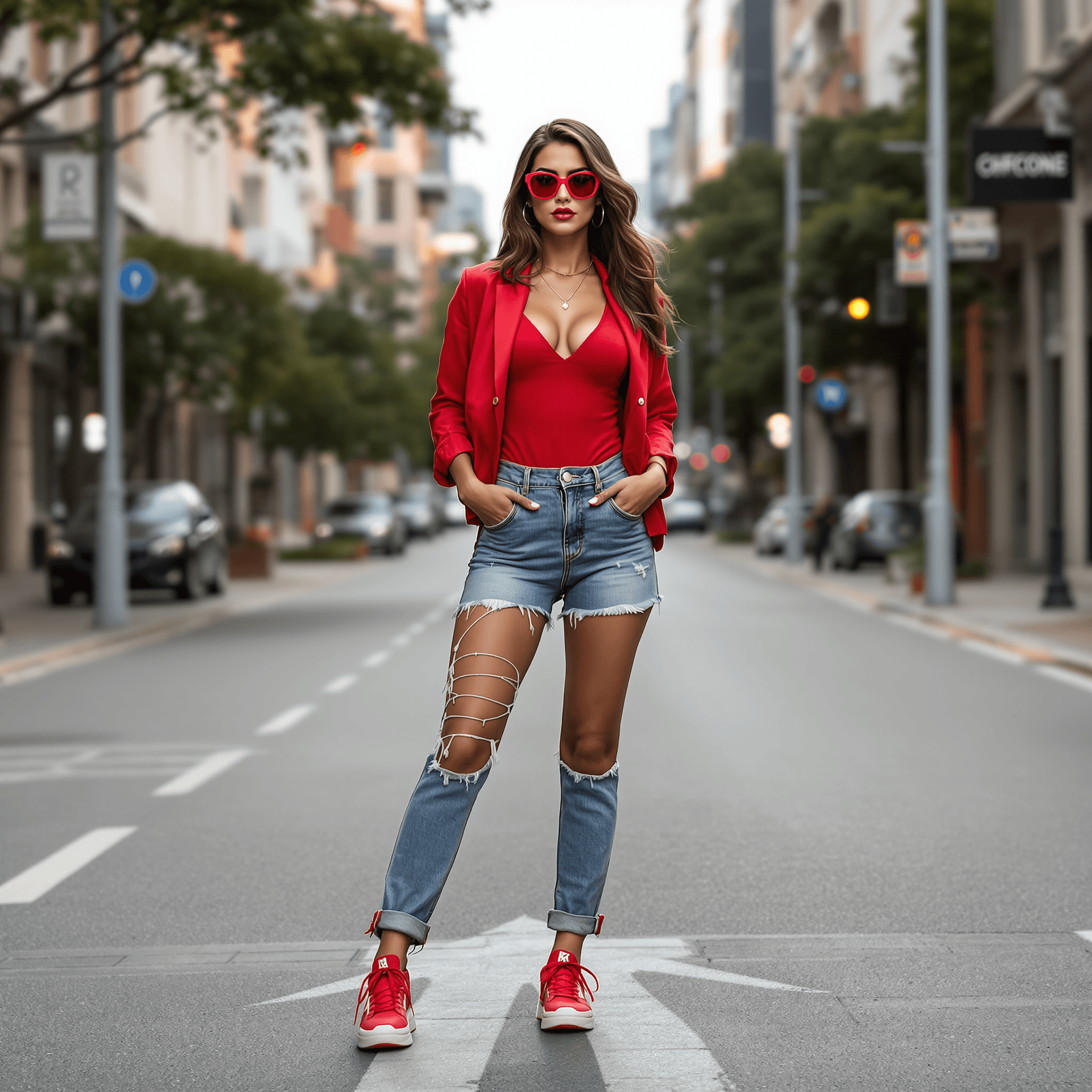 AI generated: latina female model with red urban clothes an red sunglasses, standing front, pose. looking to front...