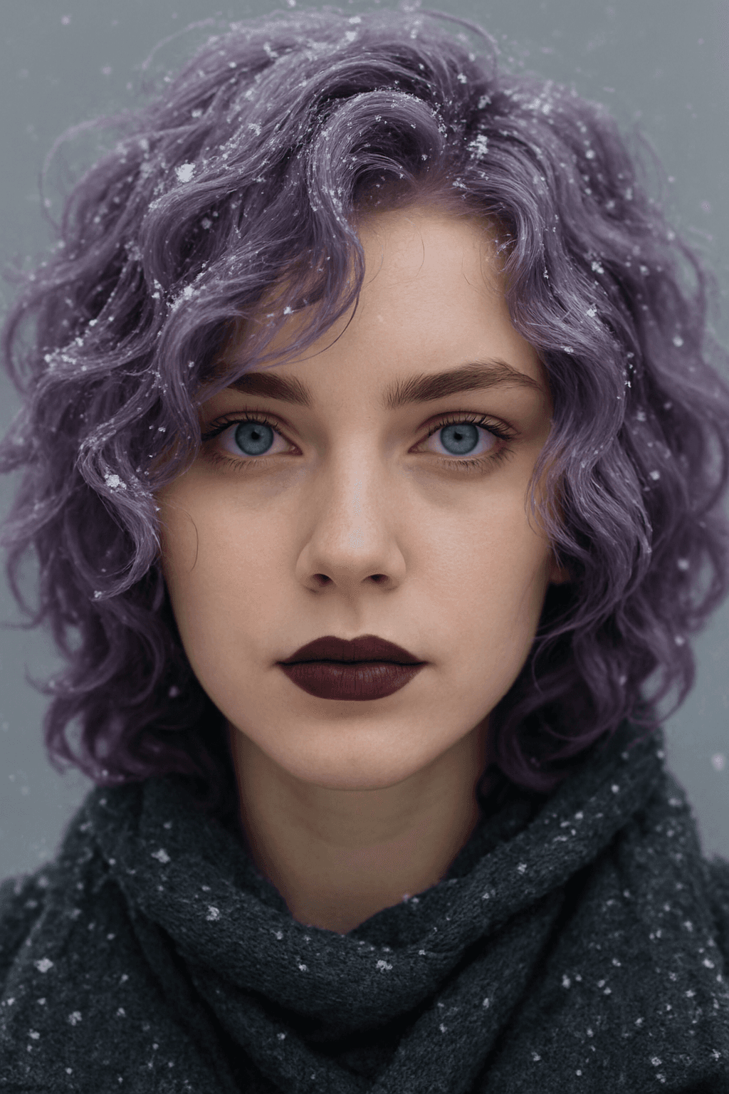 AI generated: A close-up portrait of a person with wavy, lavender purple hair dusted with snowflakes, piercing blu...