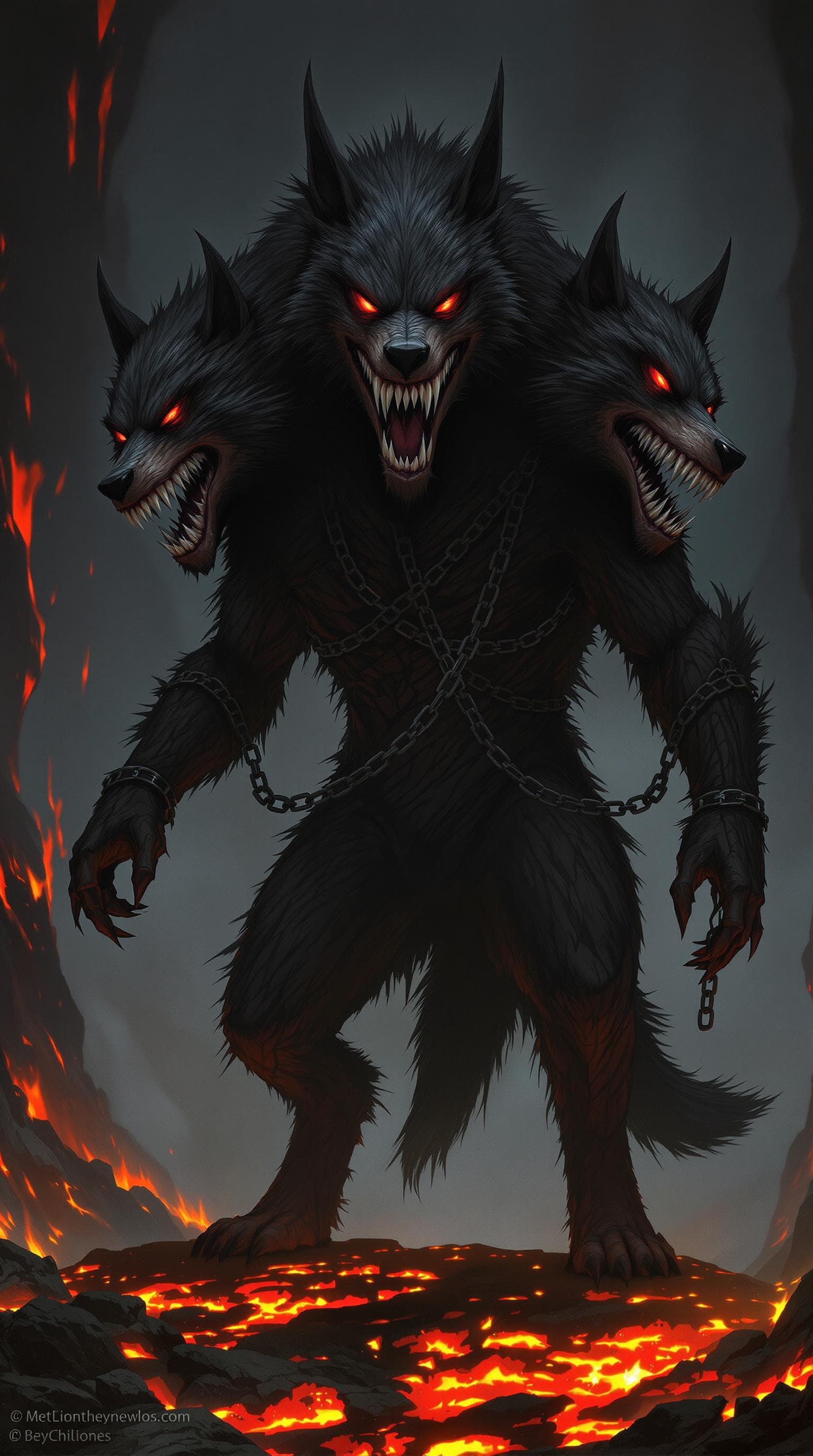 AI generated: The image depicts a menacing three-headed creature resembling a large, dark wolf or dog. Each head h...
