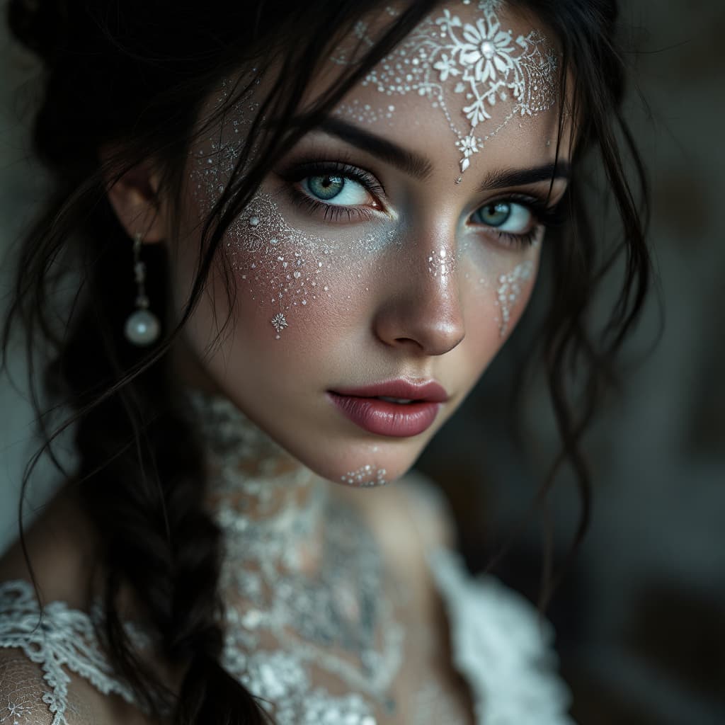 AI generated: Gypsy girl, the whole face, shoulders and chest are pierced with openwork threads in the style of Uk...