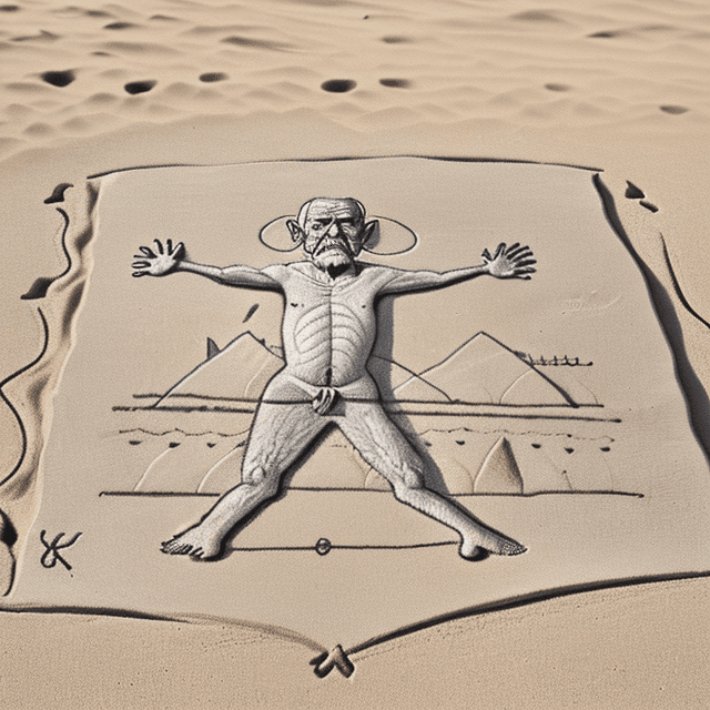 AI generated: frontal view of a nice, wise, slim, and old prehistoric man drawing square on sand near the bank of ...