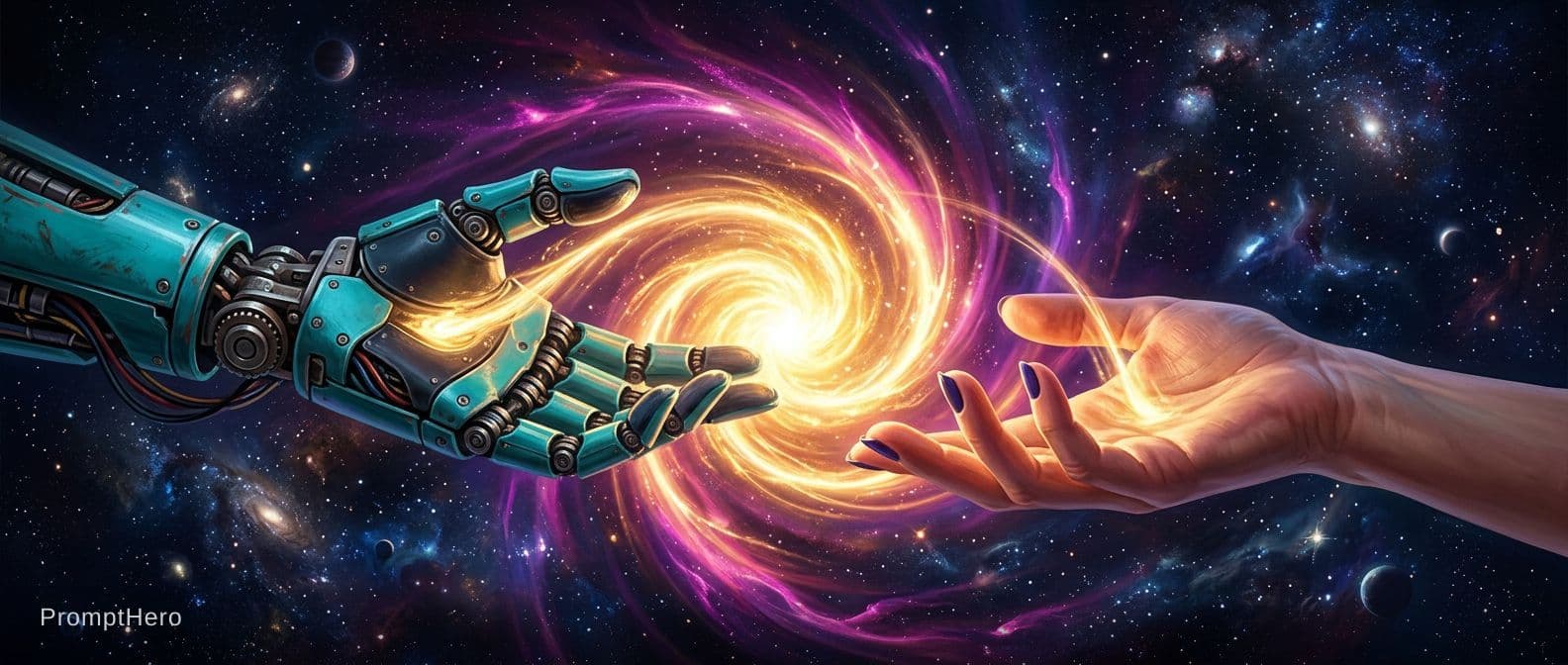 AI generated: 2 Hands. Hand 1: Robot hand, colour turquois metal, relaxed open, relaxed wrist, palm downward. Hand...