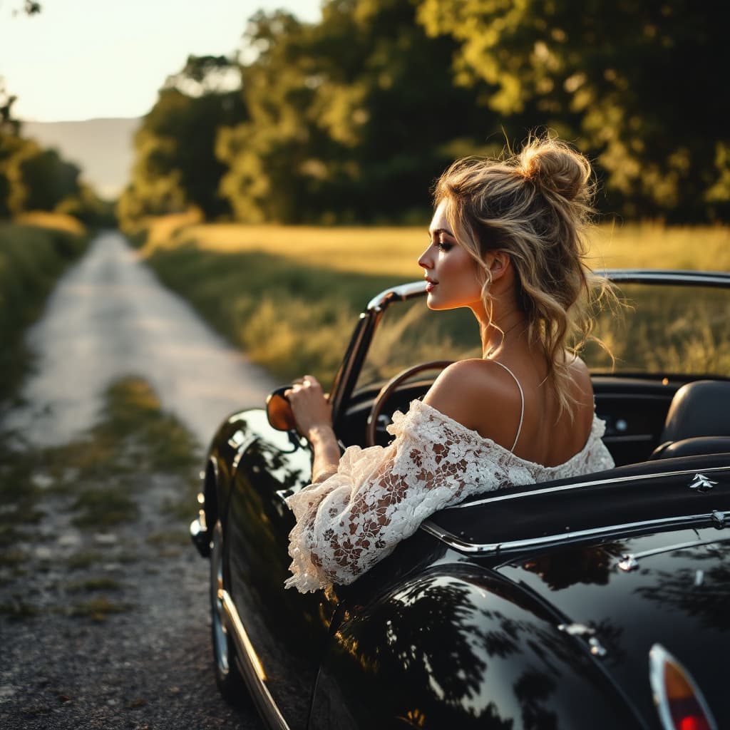 AI generated: gorgeous lady driving ,the Citroën DS 19 black Convertible, in the countryside, 