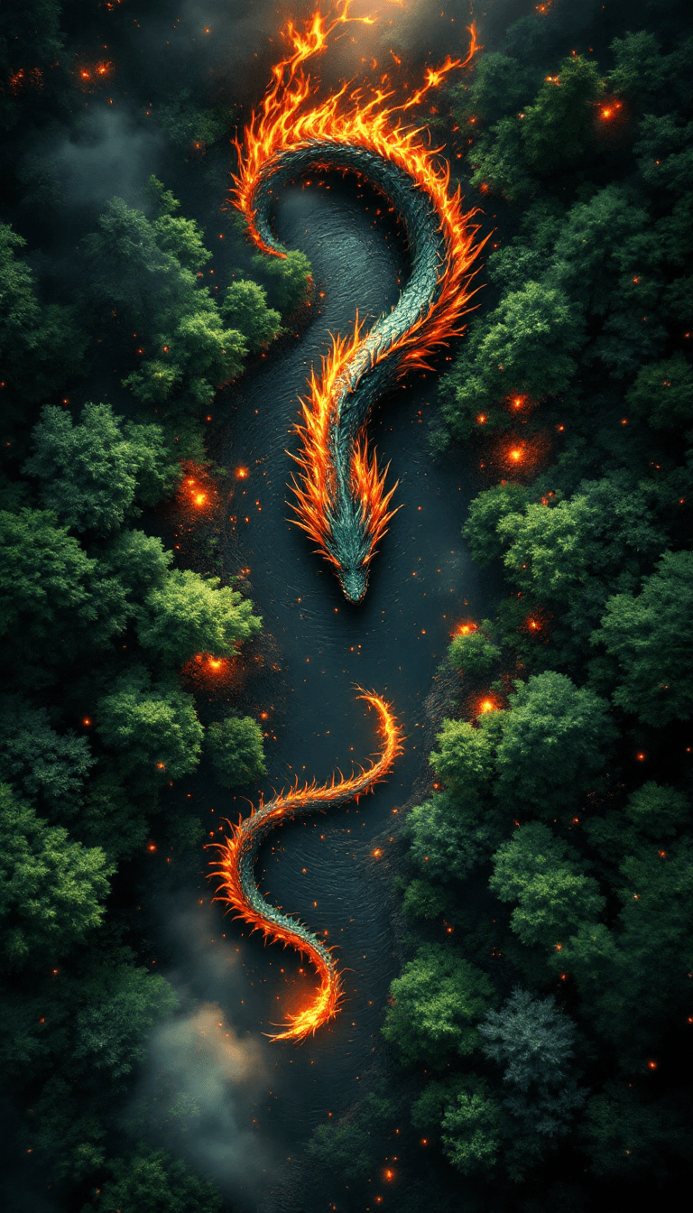 AI generated: Top down aerial shot looking down at a dragon in a forest on fire --v 6.0 --style raw