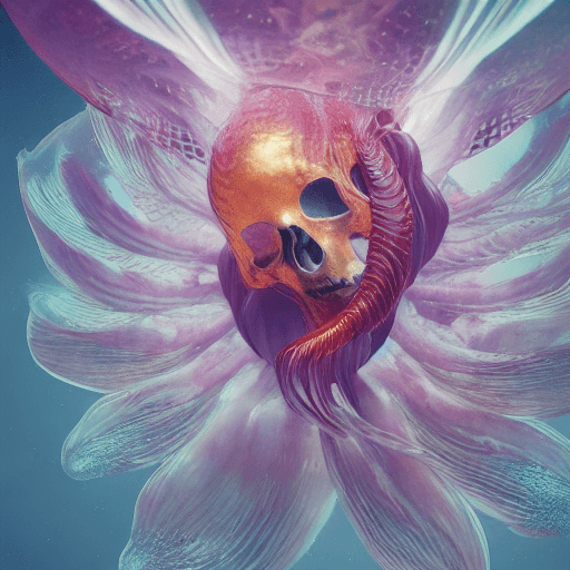 AI generated: Goddess close-up portrait ribcagel. jellyfish phoenix head, nautilus, orchid, skull, betta fish, bio...