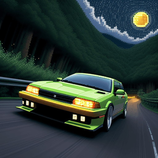 AI generated: pixel art concept of a modified Japanese car drifting downhill through forested mountains at night. ...