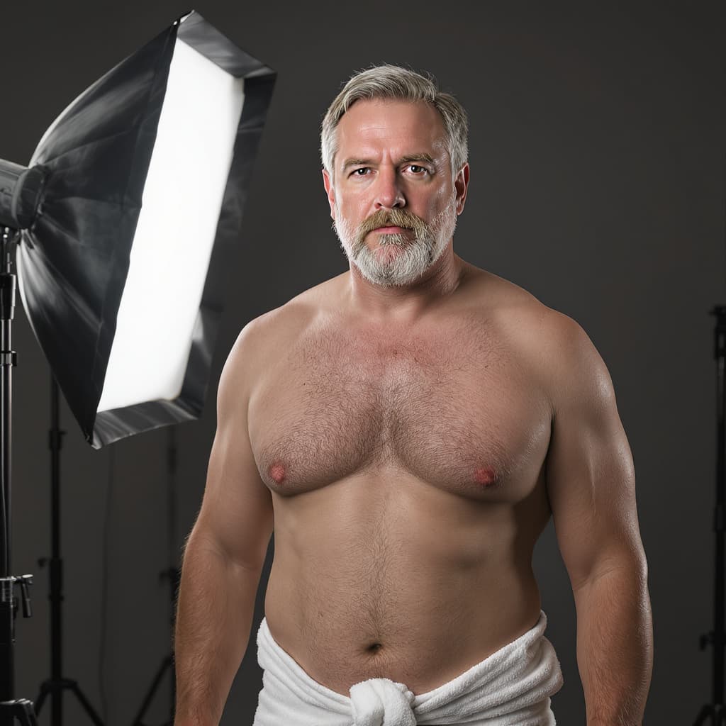 AI generated: A 60-year-old man, hairy, naked, weighing 85 kilos, not muscular, rugged, with a short gray beard, s...