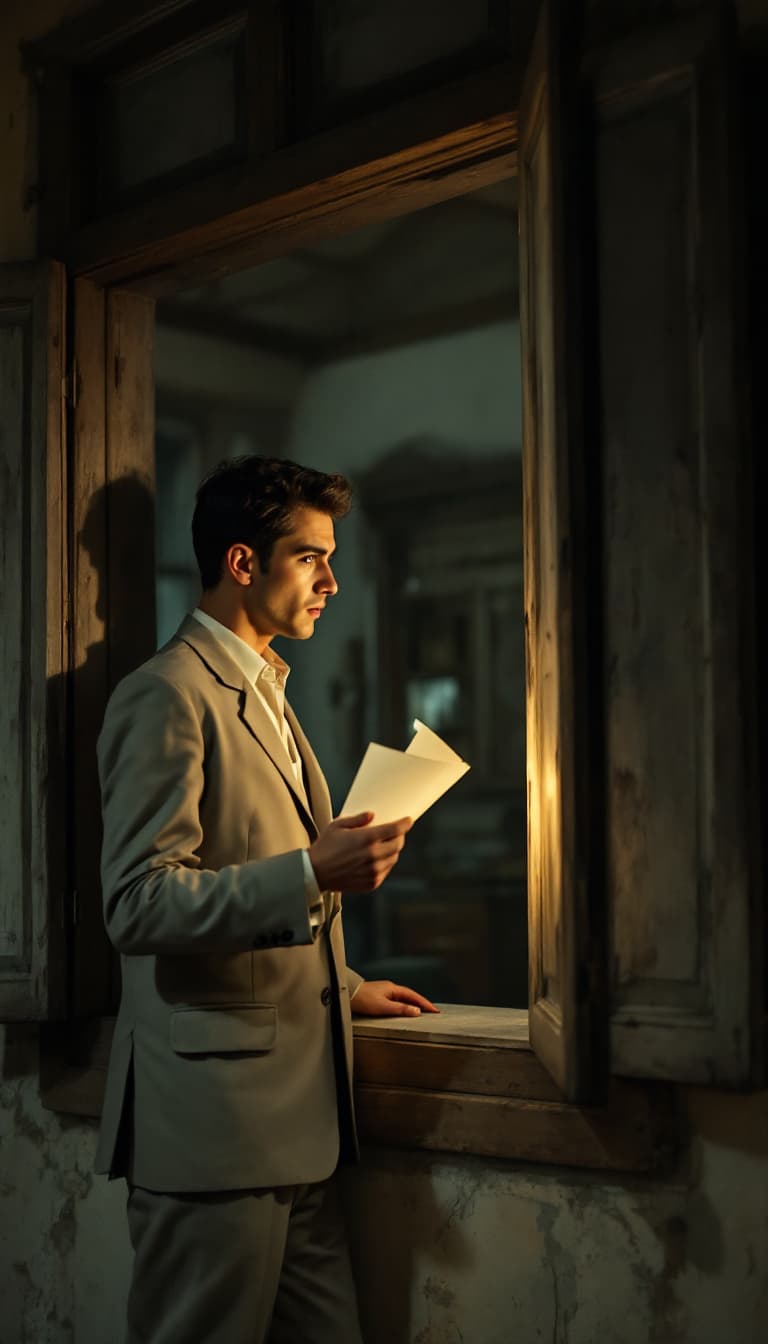 AI generated: A young man from the 1950s standing by an old window of a traditional Iranian house. The house, with...