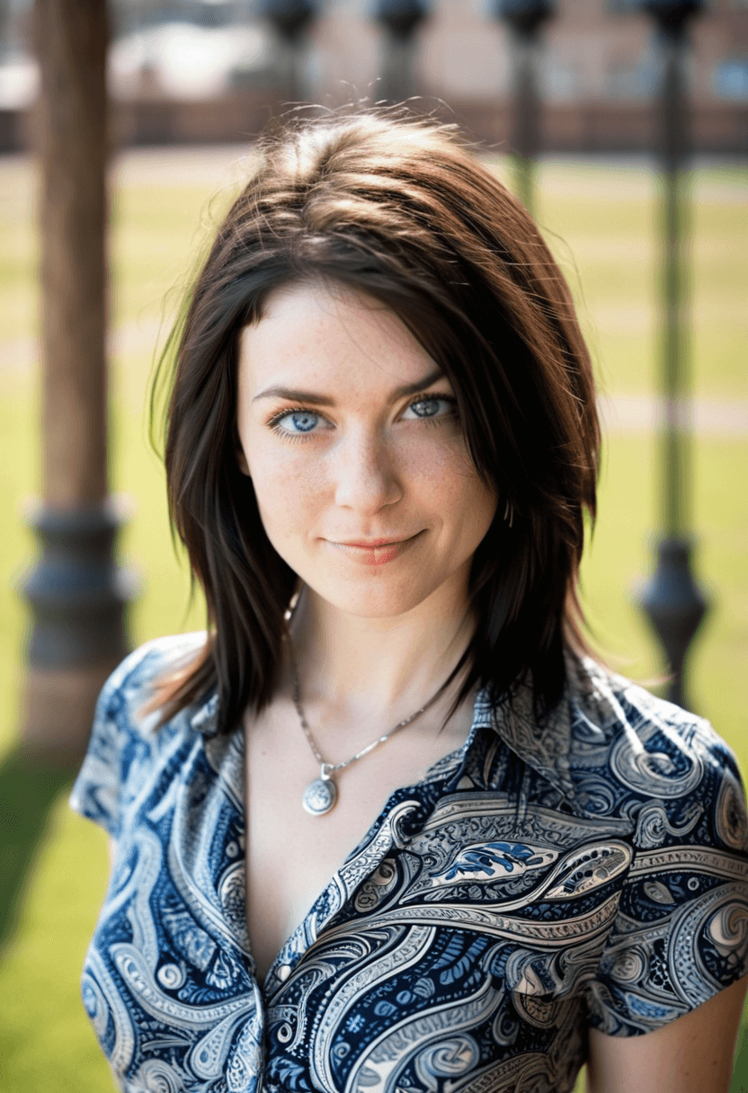 AI generated: This is a photograph of a woman standing outside on a sunny day. Wearing a short sleeve, paisley pat...