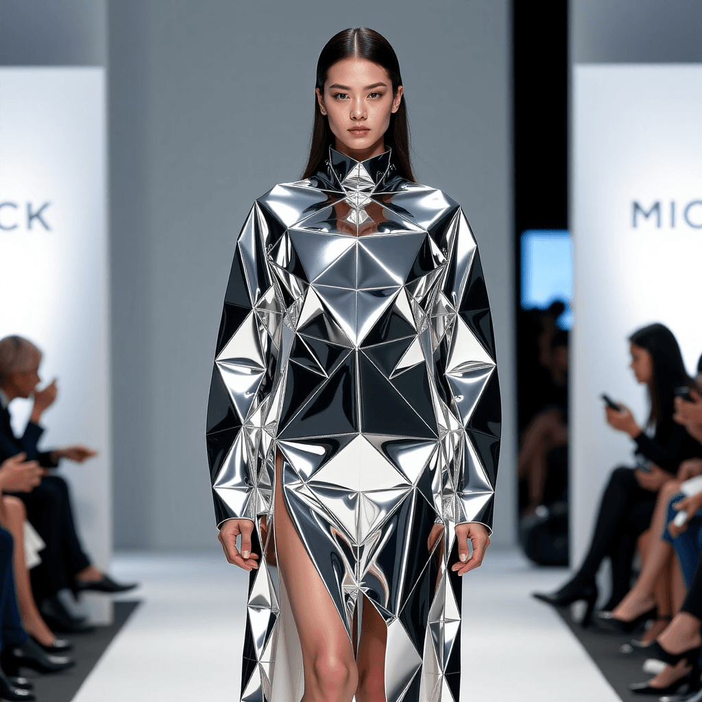 AI generated: High-fashion runway model wearing an avant-garde outfit constructed from reflective, interlocking ge...