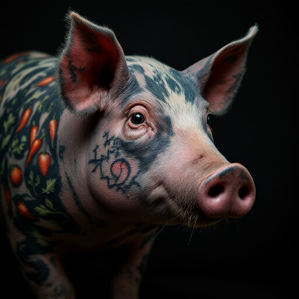 AI generated: photo close up, portrait hairless big fat pig tattooed with veggies crisp, highly detail, superb ima...