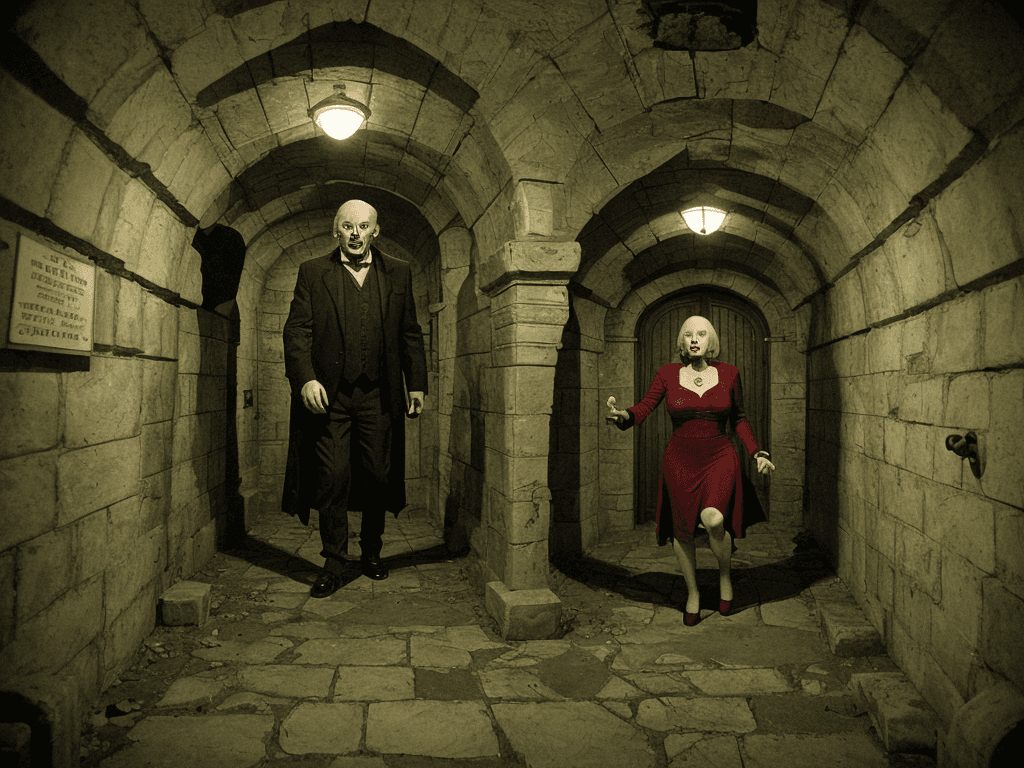 AI generated: A hammer studios horror film crypt.