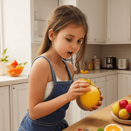 AI generated: create image of girl eating fruits in kitchen hyper realistic