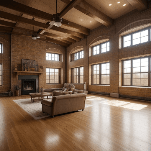 AI generated: 
large living room, empty, loft style, high vaulted ceilings, exposed brick, dreamy, intricate ceili...