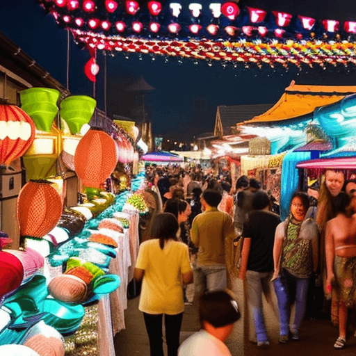 AI generated: 
 A bustling Asian night market, illuminated by colorful lanterns suspended high above the ground. S...