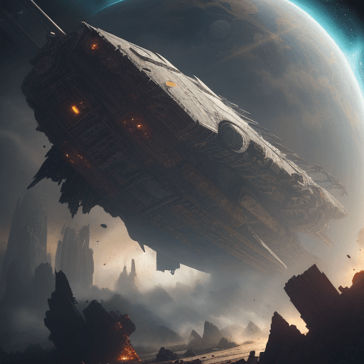 AI generated:  severely damaged spaceship, Block shaped space ship, severe damage, explosions, debris, steampunk, ...