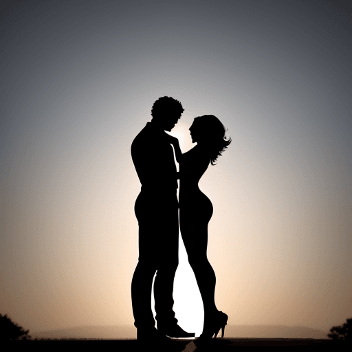 AI generated: This is a silhouette of a woman and a man, both with an athletic figure. These silhouettes of lovers
